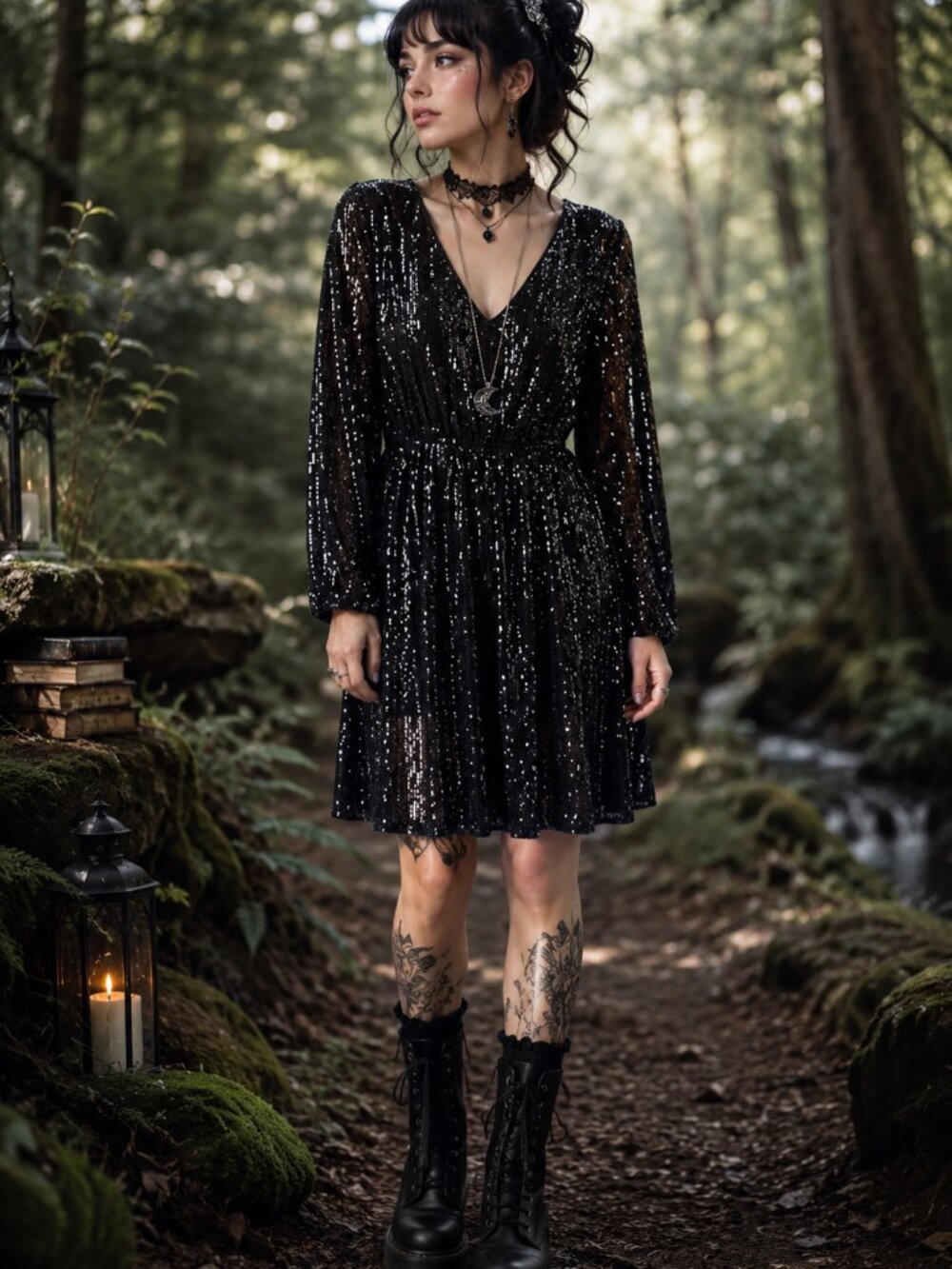 Black Sequin Long Sleeve Mini Dress Deep V Grunge Glam Party Girl Y2K Fiary Goth